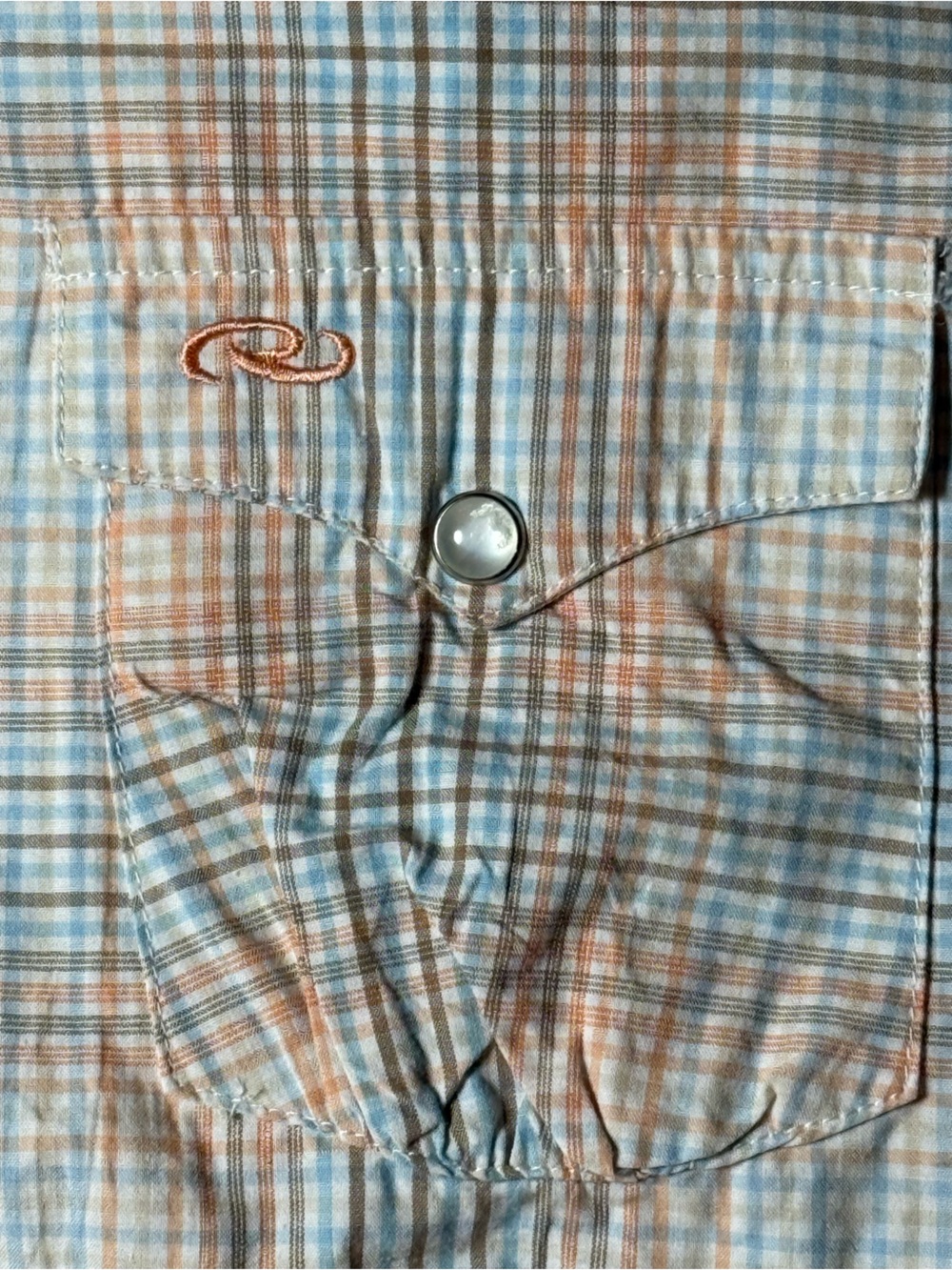Roper XL Western Plaid Snap Button Shirt Peach Blue Puff Sleeve 100% cotton top - Picture 7 of 9